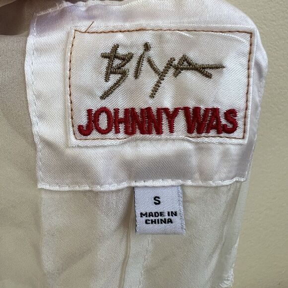 JOHNNY WAS Sz S Embroidered Silk Kaftan White Shift Midi Dress Oversized Boho - Picture 3 of 7